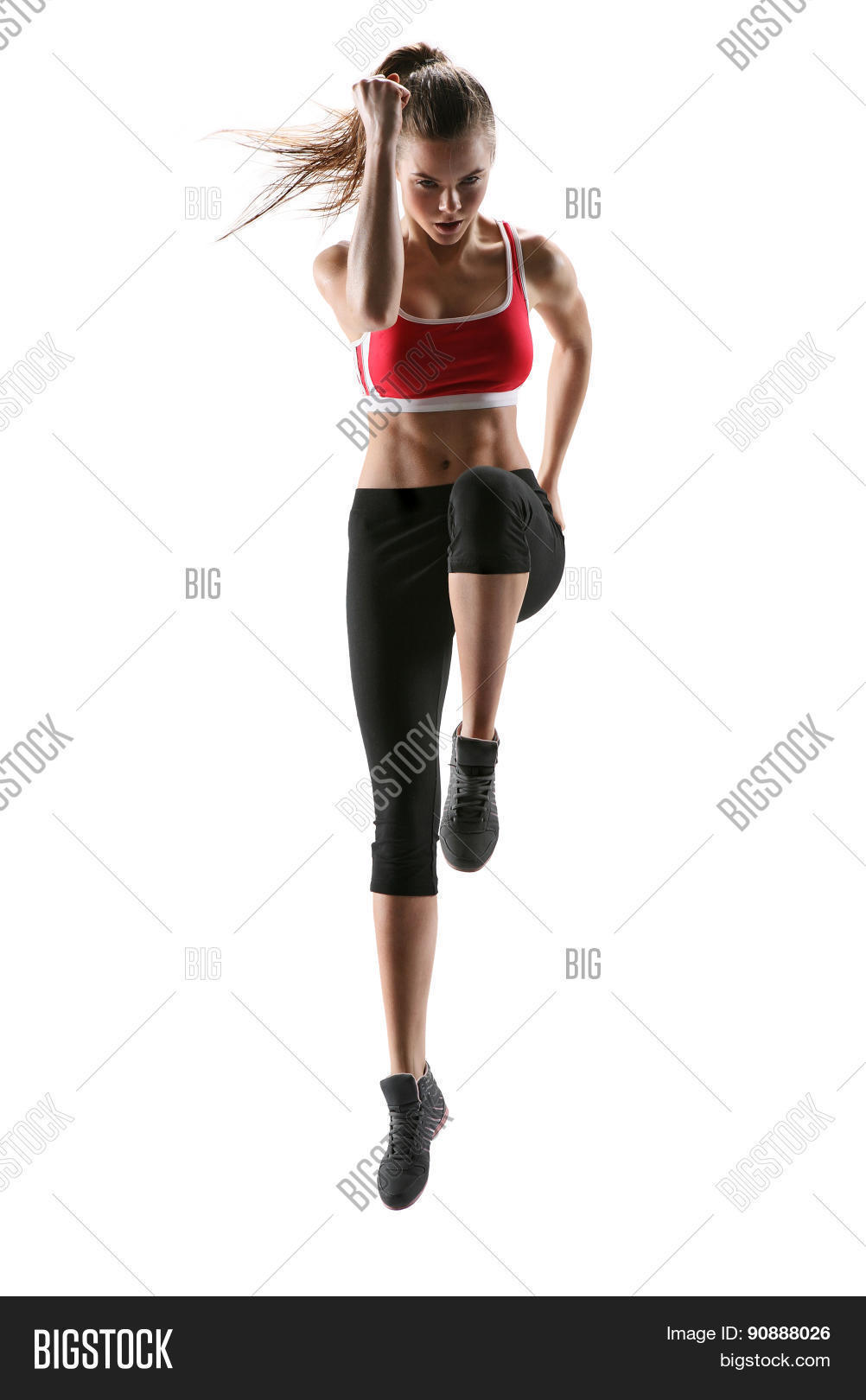 fresh energetic female fitness instructor doing aerobics.