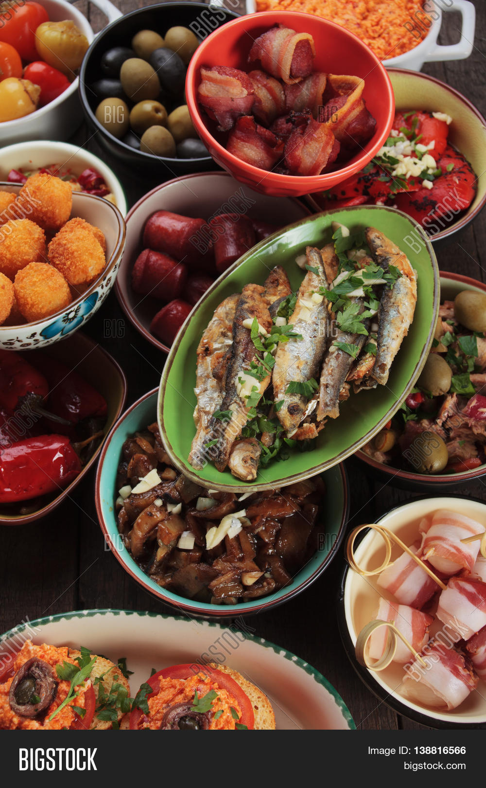 mediterranean cold buffet food known as tapas, antipasto or