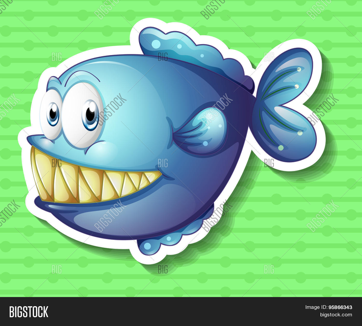 sticker of a blue fish smiling showing its big sharp teeth