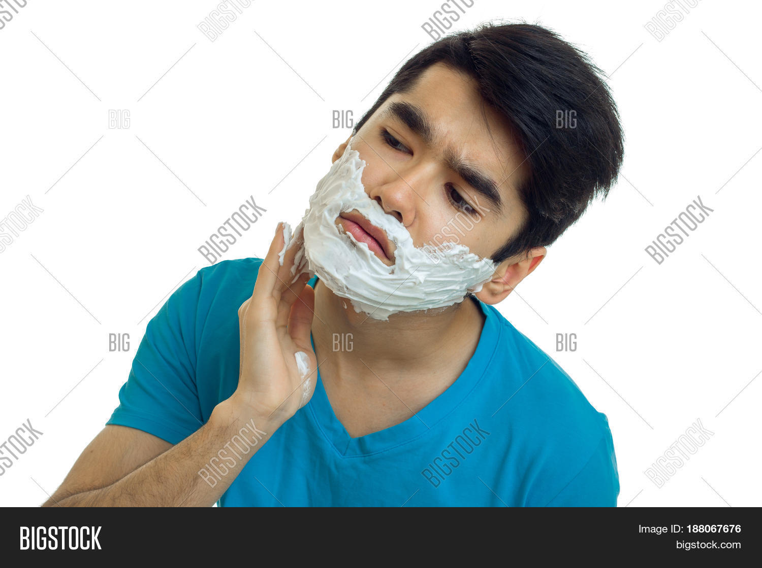 a handsome guy with black hair causes shaving foam on your face