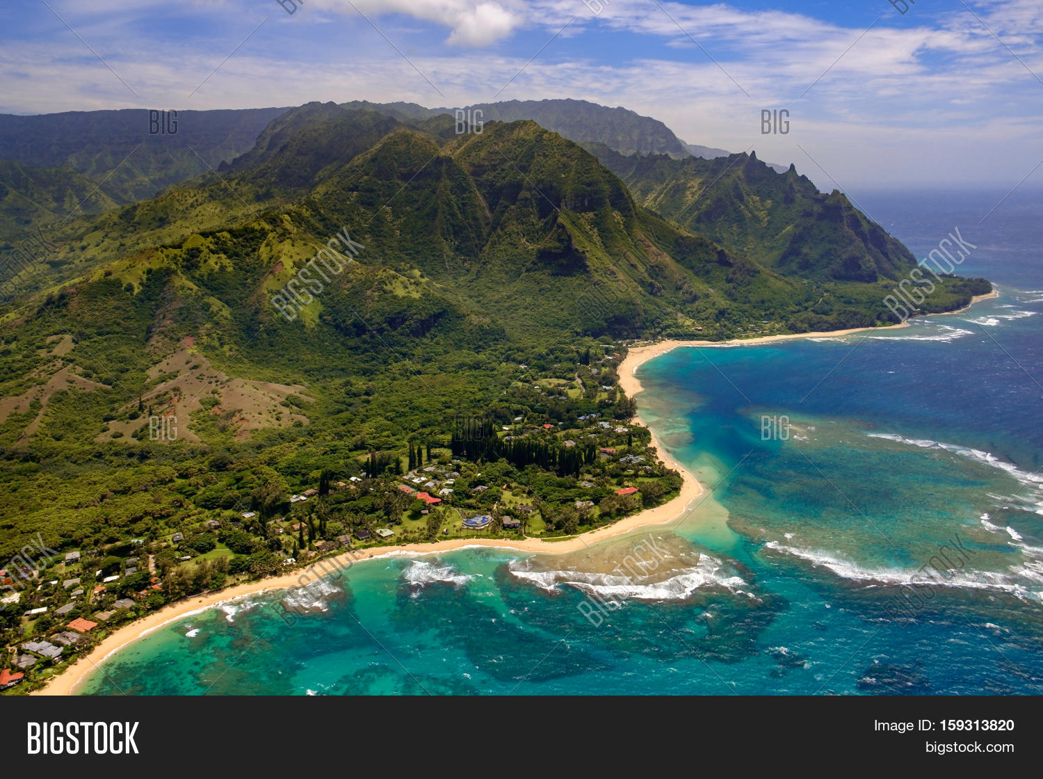aerial landscape view of shoreline at na pali coast kauai hawaii
