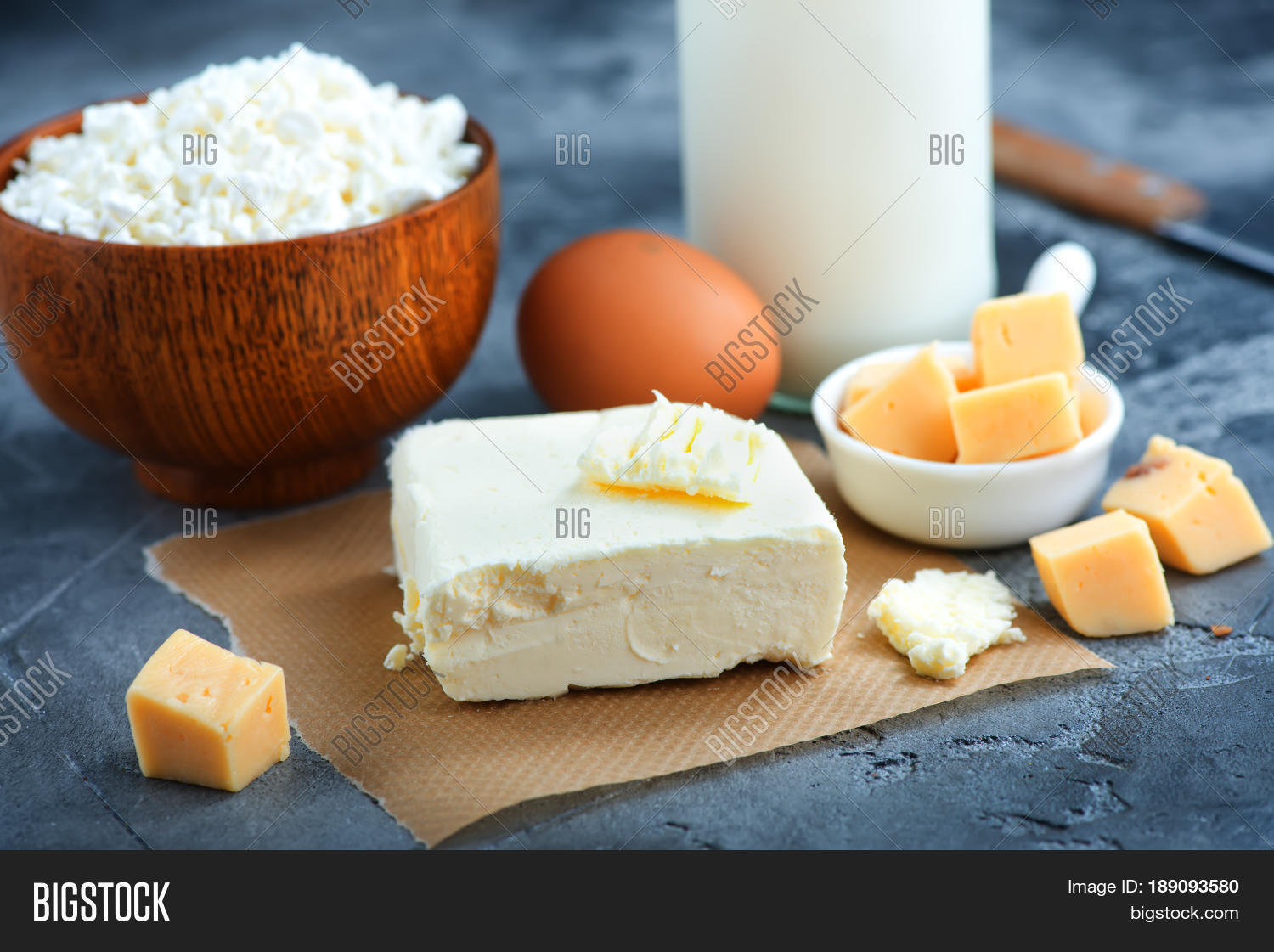 milkbutter and cheese on a table. stock photo